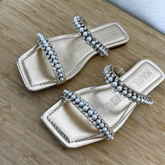 Karl Lagerfeld Paris Sandals Size 6.5M Rhinestone Payzlee Slip On Slide Shoes