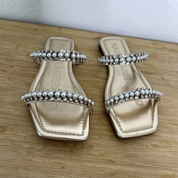 Karl Lagerfeld Paris Sandals Size 6.5M Rhinestone Payzlee Slip On Slide Shoes