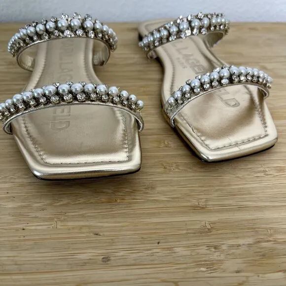 Karl Lagerfeld Paris Sandals Size 6.5M Rhinestone Payzlee Slip On Slide Shoes
