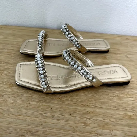 Karl Lagerfeld Paris Sandals Size 6.5M Rhinestone Payzlee Slip On Slide Shoes