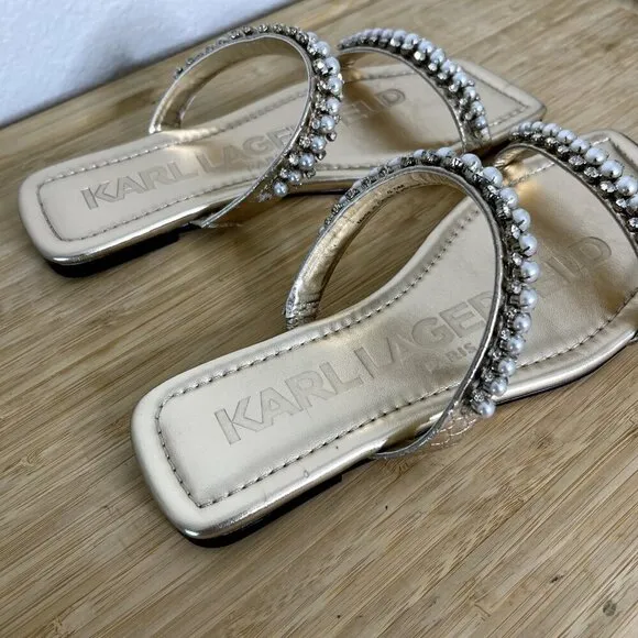 Karl Lagerfeld Paris Sandals Size 6.5M Rhinestone Payzlee Slip On Slide Shoes