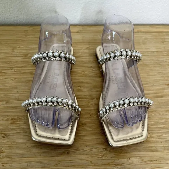 Karl Lagerfeld Paris Sandals Size 6.5M Rhinestone Payzlee Slip On Slide Shoes