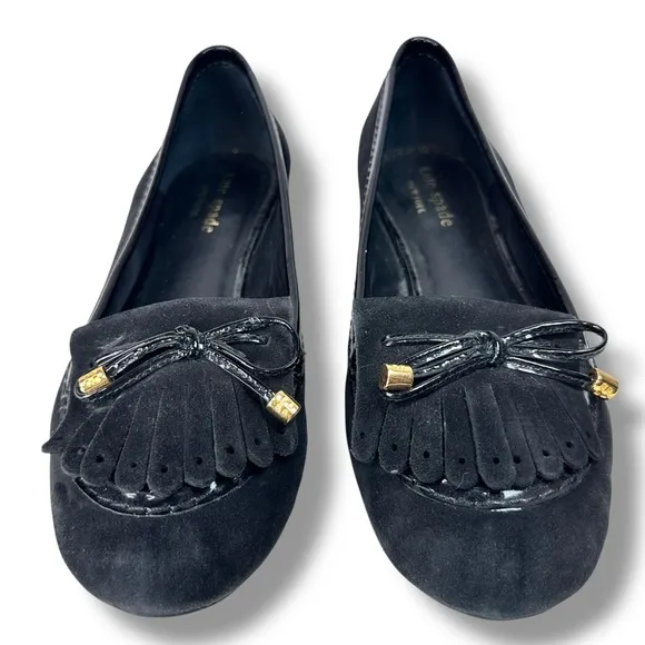 Kate Spade Black Suede Loafers Driving Moccasins Bow Detail Dark Academia, Sz 7