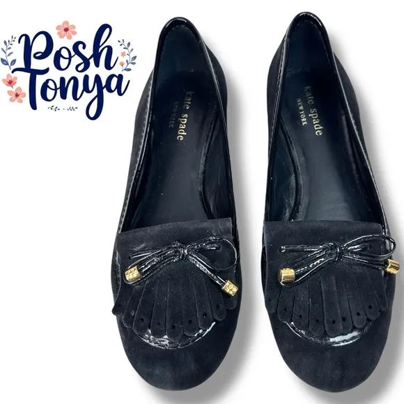 Kate Spade Black Suede Loafers Driving Moccasins Bow Detail Dark Academia, Sz 7