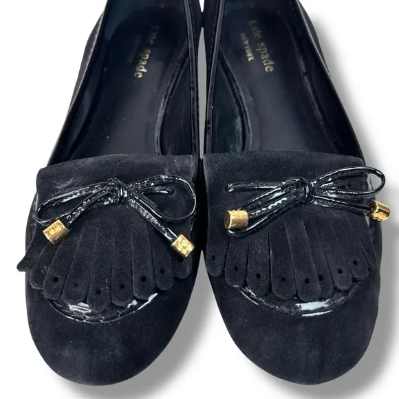 Kate Spade Black Suede Loafers Driving Moccasins Bow Detail Dark Academia, Sz 7