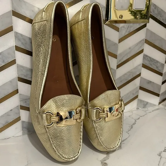 Kate Spade New York Carson Moccasins Loafer Gold Metallic Leather Slip on 9.5