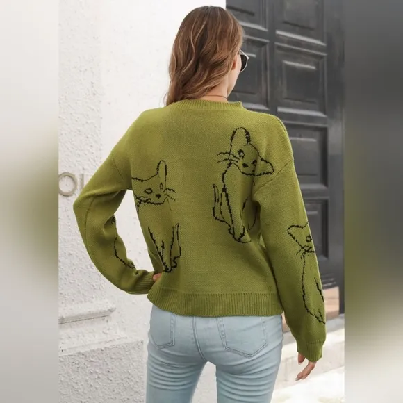 Kitty Cat Knit Round Neck Top Long Sleeve Pullover Sweater Shirt Green Feline