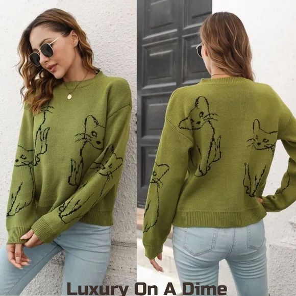 Kitty Cat Knit Round Neck Top Long Sleeve Pullover Sweater Shirt Green Feline