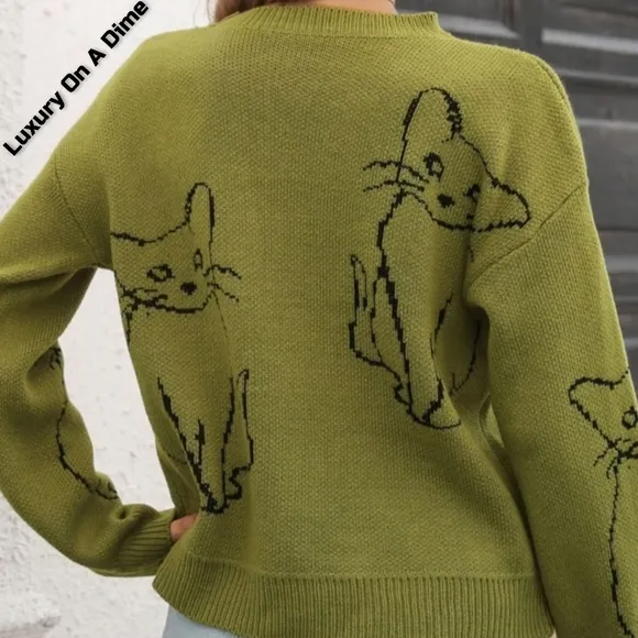 Kitty Cat Knit Round Neck Top Long Sleeve Pullover Sweater Shirt Green Feline