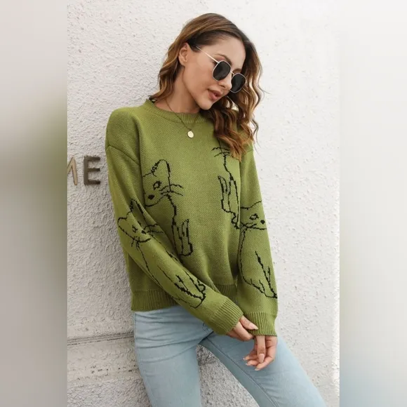 Kitty Cat Knit Round Neck Top Long Sleeve Pullover Sweater Shirt Green Feline