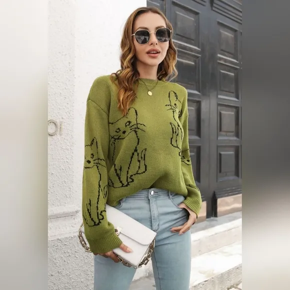 Kitty Cat Knit Round Neck Top Long Sleeve Pullover Sweater Shirt Green Feline
