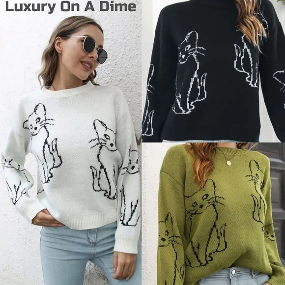 Kitty Cat Knit Round Neck Top Long Sleeve Pullover Sweater Shirt Green Feline