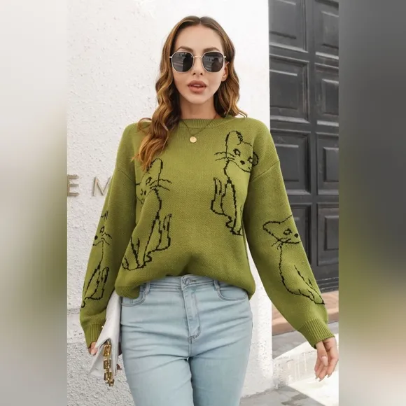 Kitty Cat Knit Round Neck Top Long Sleeve Pullover Sweater Shirt Green Feline