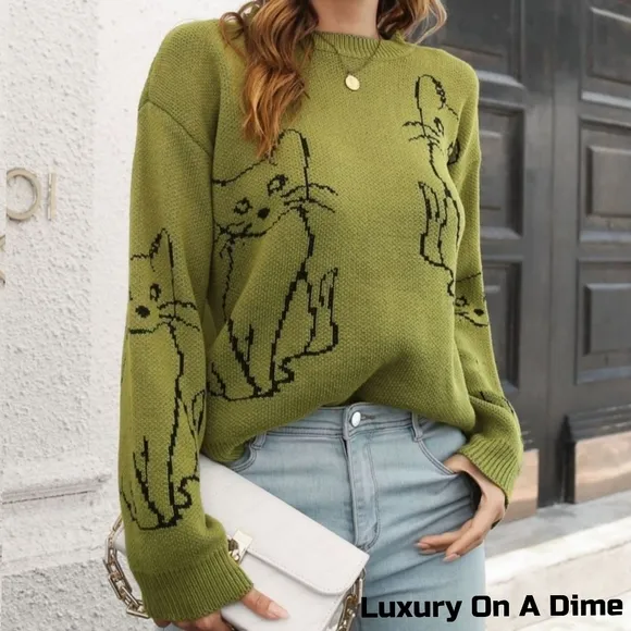 Kitty Cat Knit Round Neck Top Long Sleeve Pullover Sweater Shirt Green Feline