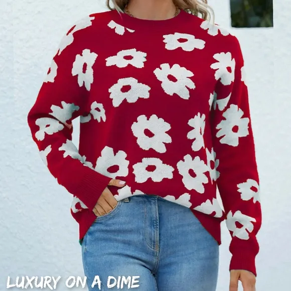 Knit Daisy Retro Flower Pullover Classic Long Sleeve Round Neck Sweater Shirt