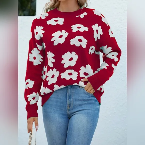 Knit Daisy Retro Flower Pullover Classic Long Sleeve Round Neck Sweater Shirt