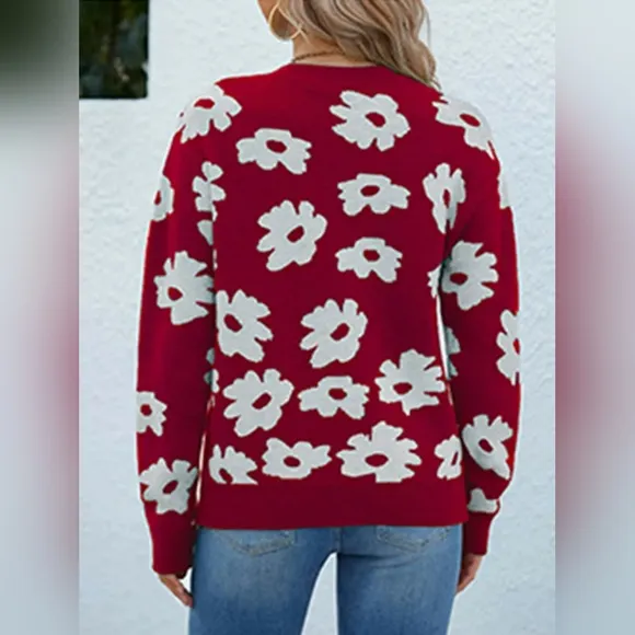 Knit Daisy Retro Flower Pullover Classic Long Sleeve Round Neck Sweater Shirt