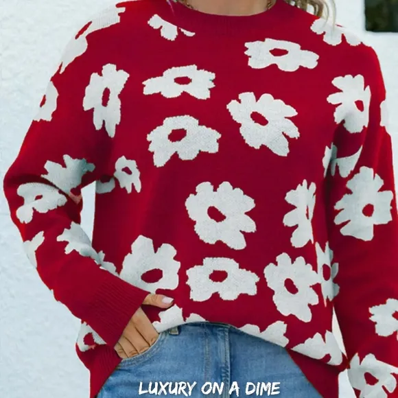 Knit Daisy Retro Flower Pullover Classic Long Sleeve Round Neck Sweater Shirt