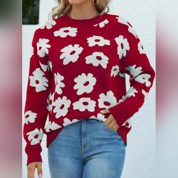 Knit Daisy Retro Flower Pullover Classic Long Sleeve Round Neck Sweater Shirt
