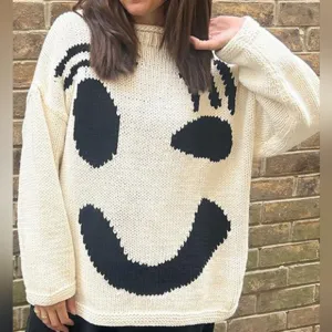Knit Smiley Face Contrasting Abstract Long Sleeve Oversized Pullover Sweater Top