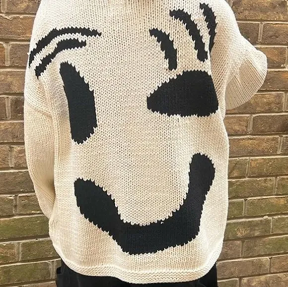 Knit Smiley Face Contrasting Abstract Long Sleeve Oversized Pullover Sweater Top