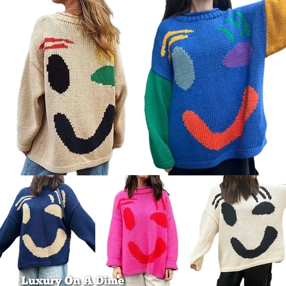 Knit Smiley Face Contrasting Abstract Long Sleeve Oversized Pullover Sweater Top