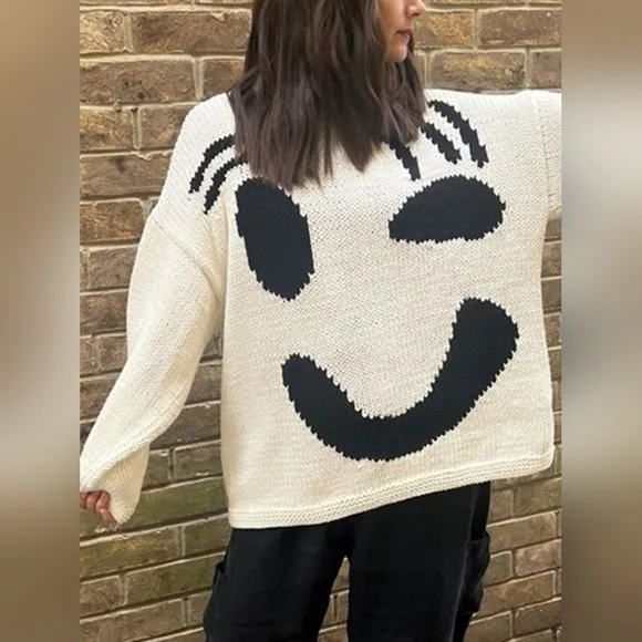 Knit Smiley Face Contrasting Abstract Long Sleeve Oversized Pullover Sweater Top