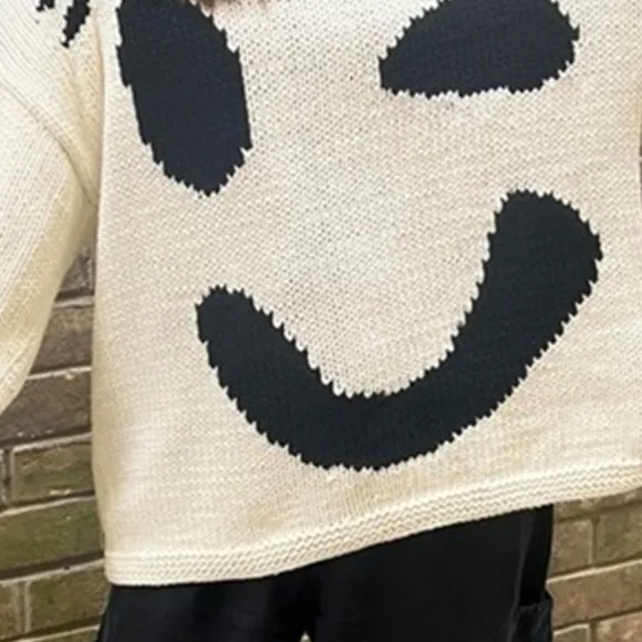 Knit Smiley Face Contrasting Abstract Long Sleeve Oversized Pullover Sweater Top
