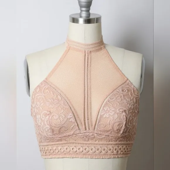 Lace Mesh High-Neck Choker Bohemian Crop Top Wireless Women's Bralette Bra NUDE