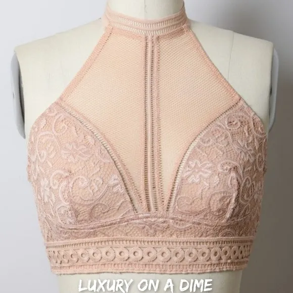 Lace Mesh High-Neck Choker Bohemian Crop Top Wireless Women's Bralette Bra NUDE