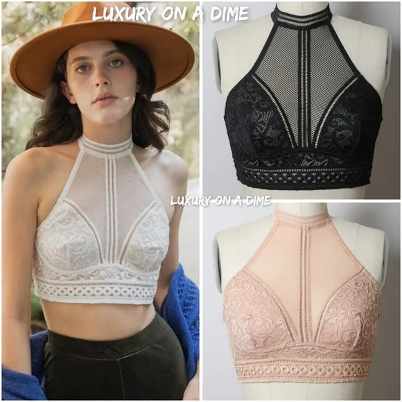 Lace Mesh High-Neck Choker Bohemian Crop Top Wireless Women's Bralette Bra NUDE