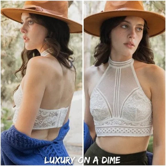 Lace Mesh High-Neck Choker Bohemian Crop Top Wireless Women's Bralette Bra White