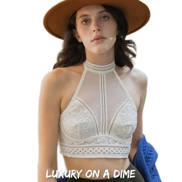 Lace Mesh High-Neck Choker Bohemian Crop Top Wireless Women's Bralette Bra White