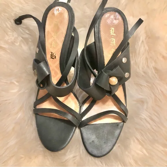 LAMB Leather Strapped Accented Jeweled Heeled Sandals, size 9 1/2