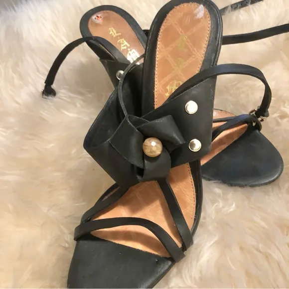 LAMB Leather Strapped Accented Jeweled Heeled Sandals, size 9 1/2