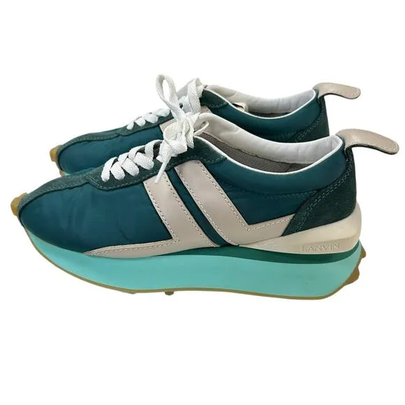 Lanvin Peacock Blue White Bumpr Suede Leather Lace Up Sneakers Womens 37 / US 6