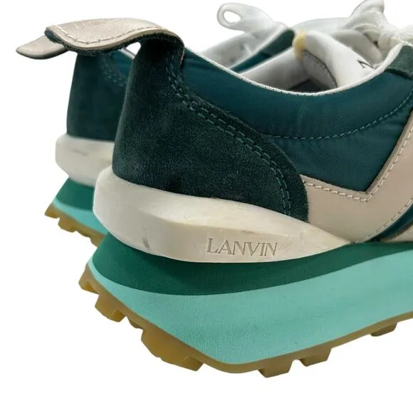 Lanvin Peacock Blue White Bumpr Suede Leather Lace Up Sneakers Womens 37 / US 6