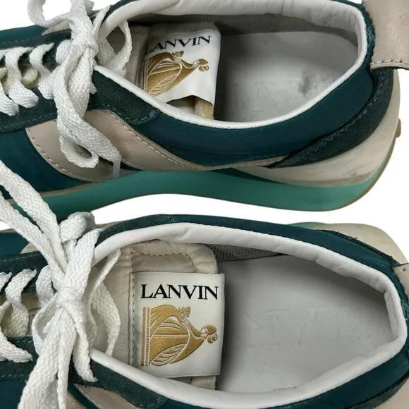 Lanvin Peacock Blue White Bumpr Suede Leather Lace Up Sneakers Womens 37 / US 6