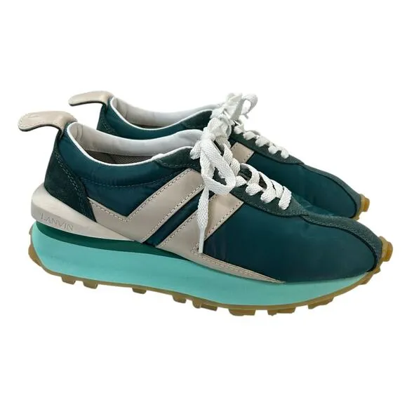 Lanvin Peacock Blue White Bumpr Suede Leather Lace Up Sneakers Womens 37 / US 6