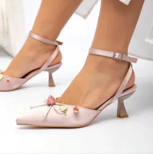 Light Pink Elegant Floral Bowknot Decor Low Heel Pointed Toe Hollow Pumps