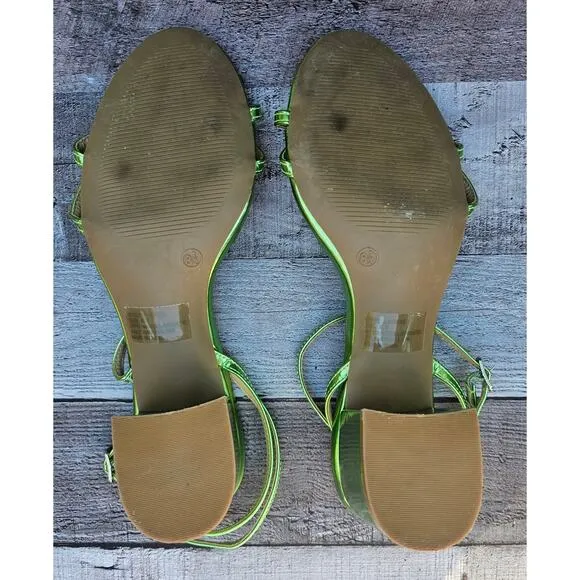 LULUS GREEN Metalic Leather Shiny Strappy Chunky Heels Shoes Women's size 8.5