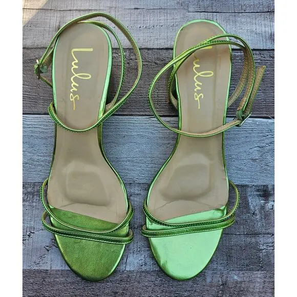 LULUS GREEN Metalic Leather Shiny Strappy Chunky Heels Shoes Women's size 8.5