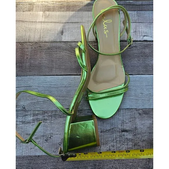 LULUS GREEN Metalic Leather Shiny Strappy Chunky Heels Shoes Women's size 8.5