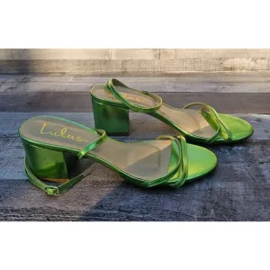 LULUS GREEN Metalic Leather Shiny Strappy Chunky Heels Shoes Women's size 8.5
