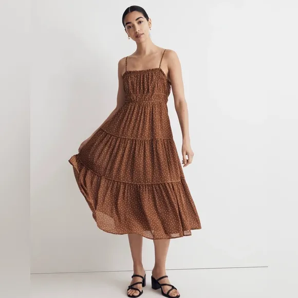 MADEWELL Sophia Cani Tiered midi Dress in Dot size 0 in Sepia
