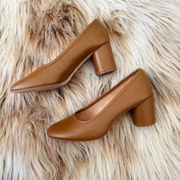 Madewell The Reid Pump Brown Leather Block Heel Round Toe Slip On Size 7.5