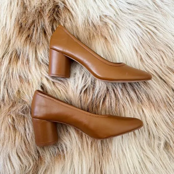 Madewell The Reid Pump Brown Leather Block Heel Round Toe Slip On Size 7.5