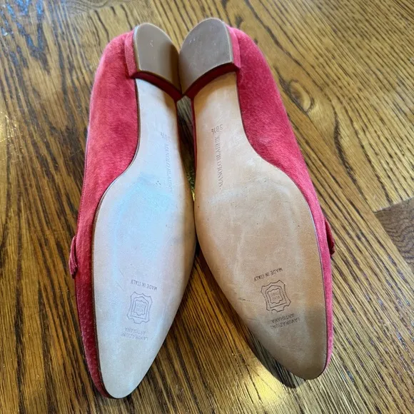 Manolo Blahnik Red Suede Loafers Semi-Pointed Toes with Fringe Trim Accent