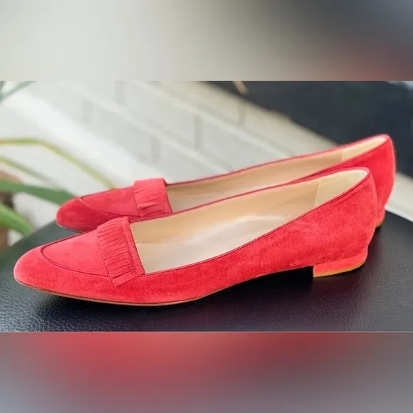 Manolo Blahnik Red Suede Loafers Semi-Pointed Toes with Fringe Trim Accent