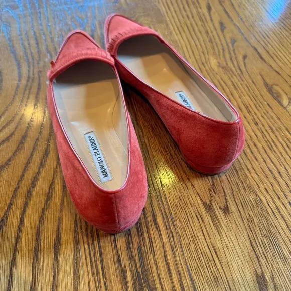 Manolo Blahnik Red Suede Loafers Semi-Pointed Toes with Fringe Trim Accent